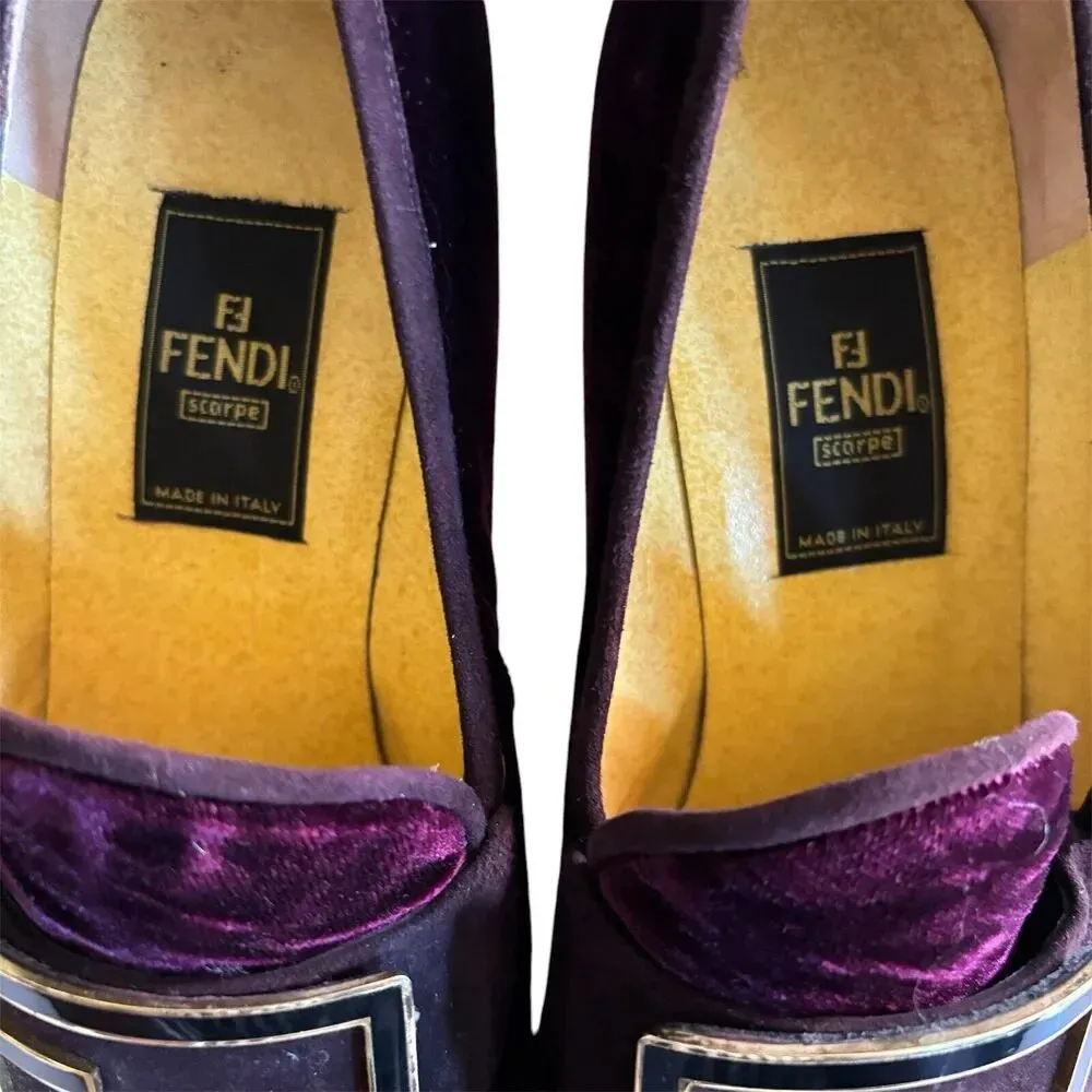 Authentic Fendi Size 36.5 Purple Velvet Heeled Logo Loafers 6.5 - Image 3