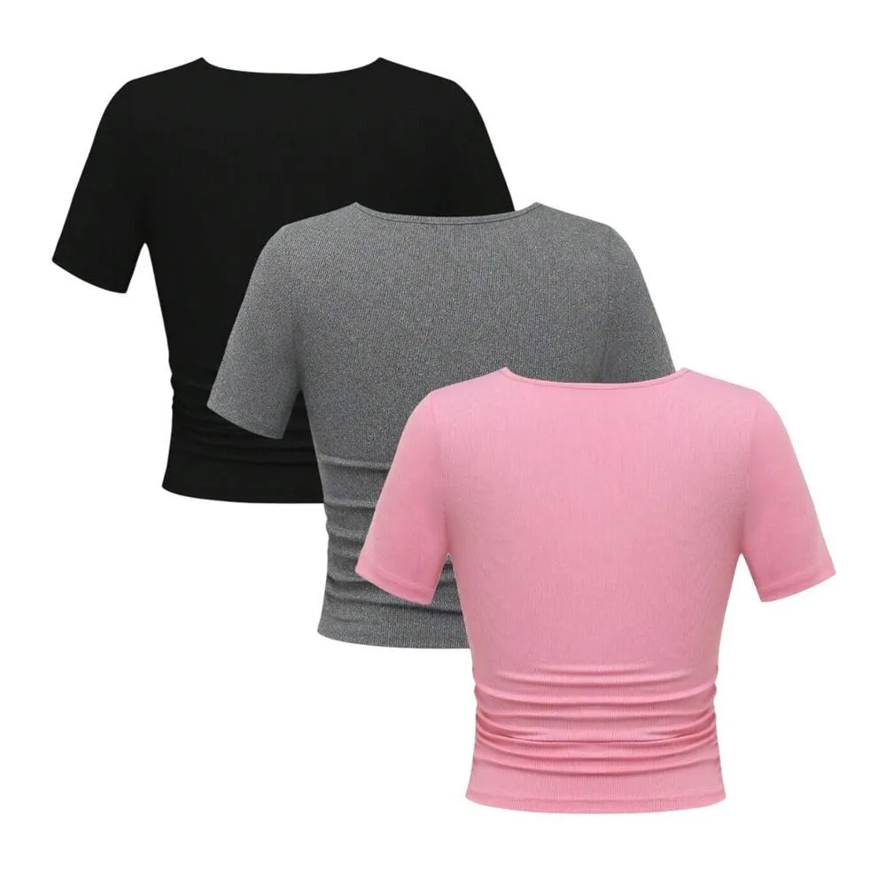 3 pcs Women's Front Lace-Up Short Sleeve T-Shirt in Multi, Size S​​ - Image 3