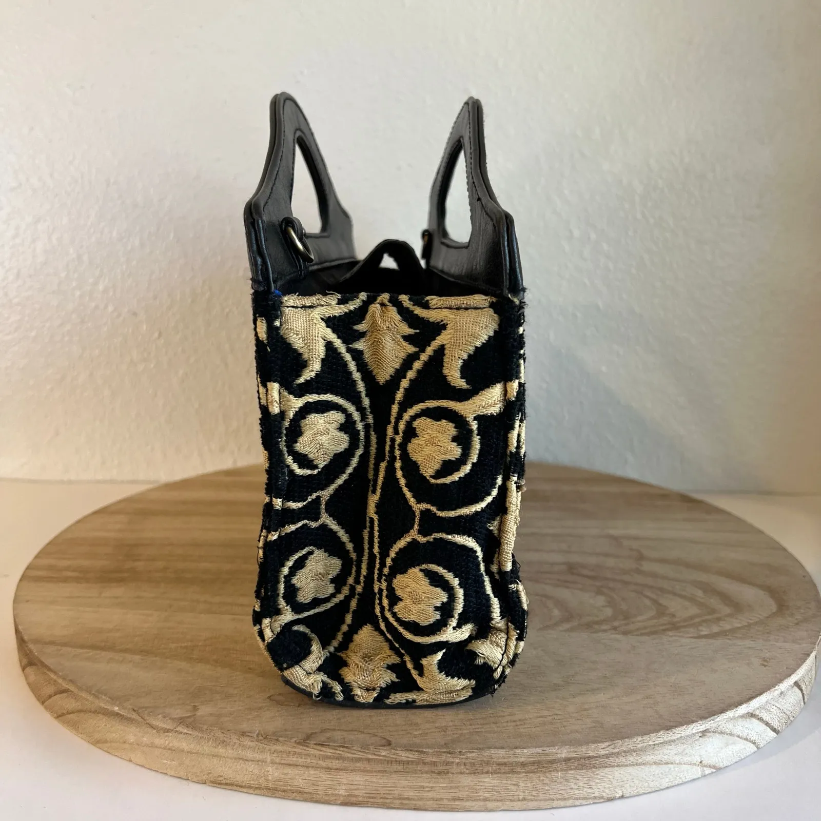 Vintage 90s Black Leather Victorian Tapestry Beaded Top Handle Small Bag - Image 8