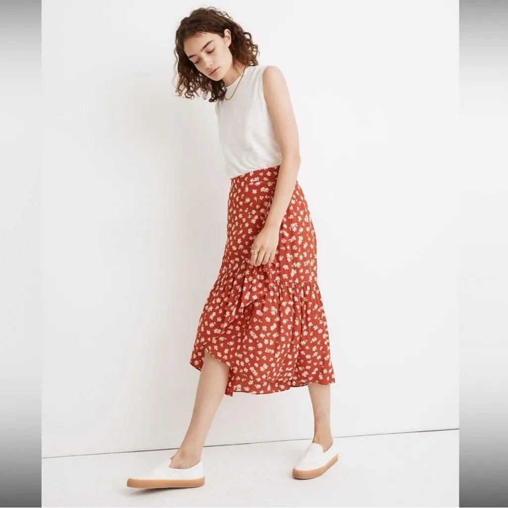 Madewell Ruffle Wrap Midi Skirt Orange Floral Long Modest Size 4 AO371 - Image 5