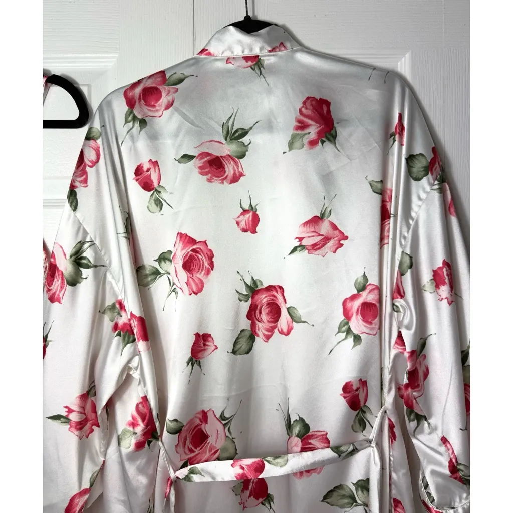Cacique Paris Rose Floral White Satin Slip Dress & Kimono Robe Set M / M-L - Image 7