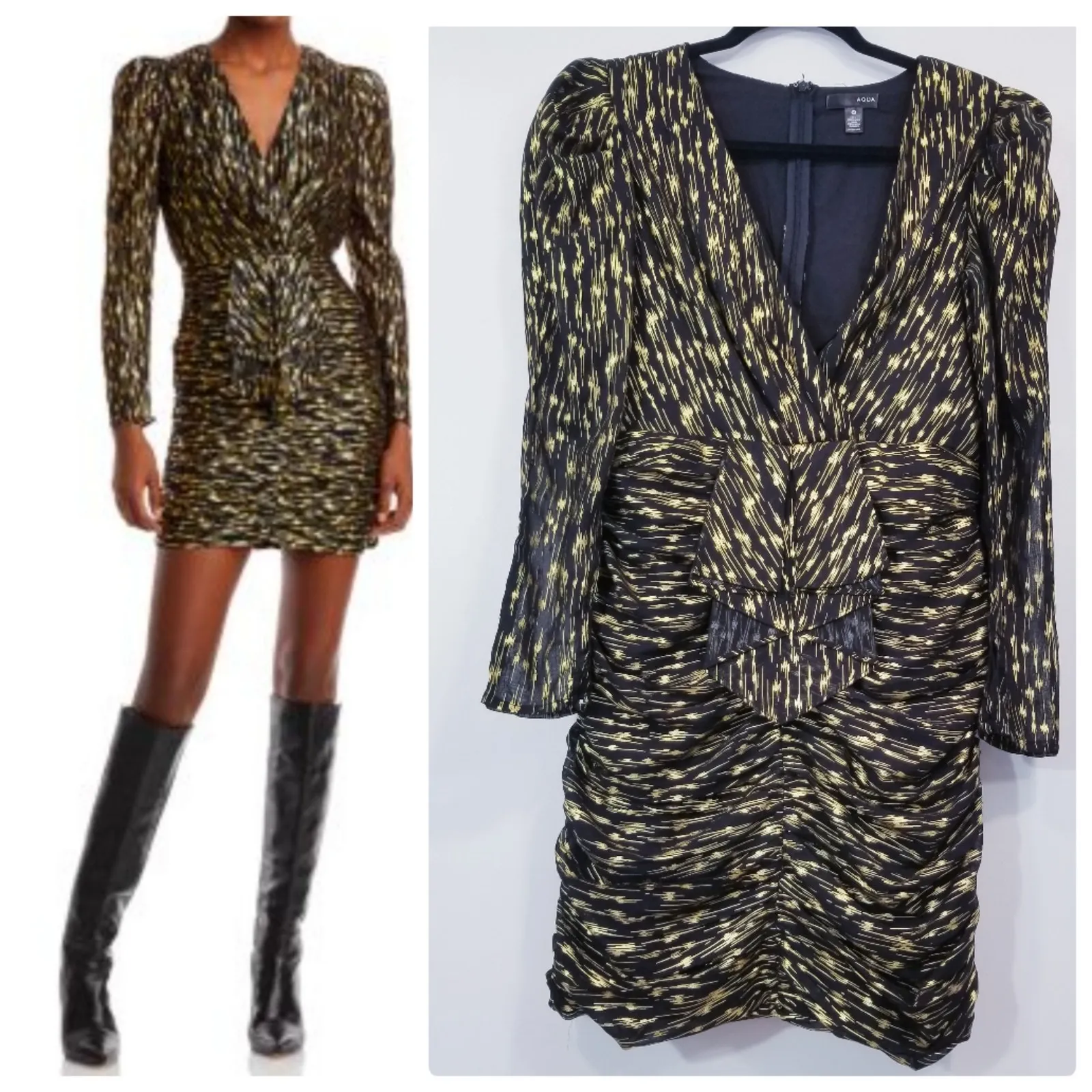 Aqua Black & Gold Metallic Jacquard Mini Dress Puff Sleeves V-Neck Long Sleeves - Image 2