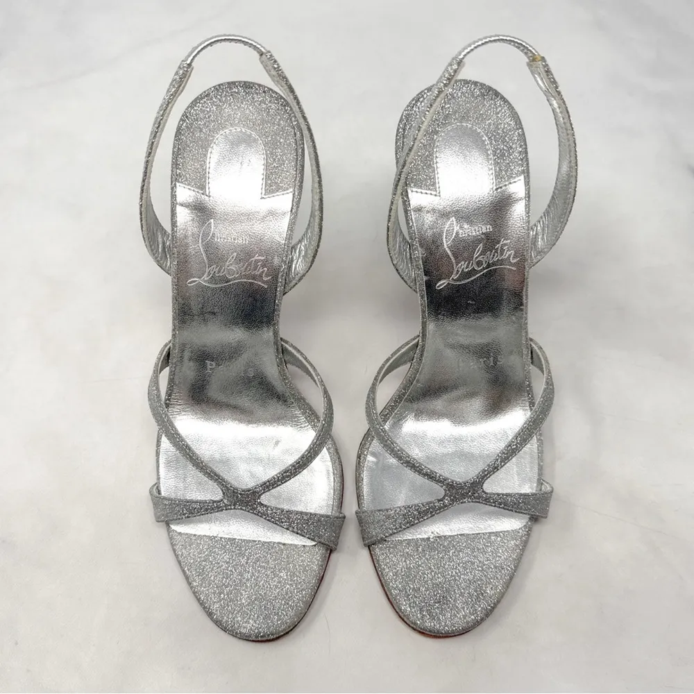 Christian Louboutin Emilie 100 Glitter Slingback Stiletto Sandal Heels Silver 35 - Image 7