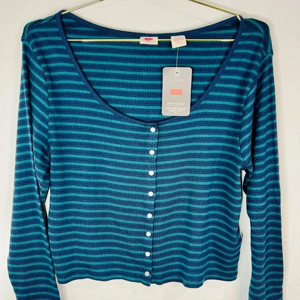 Levi’s Women’s LONG SLEEVE BRITT SNAP FRONT TOP  Green and Navy Stripes Size XL - Image 7