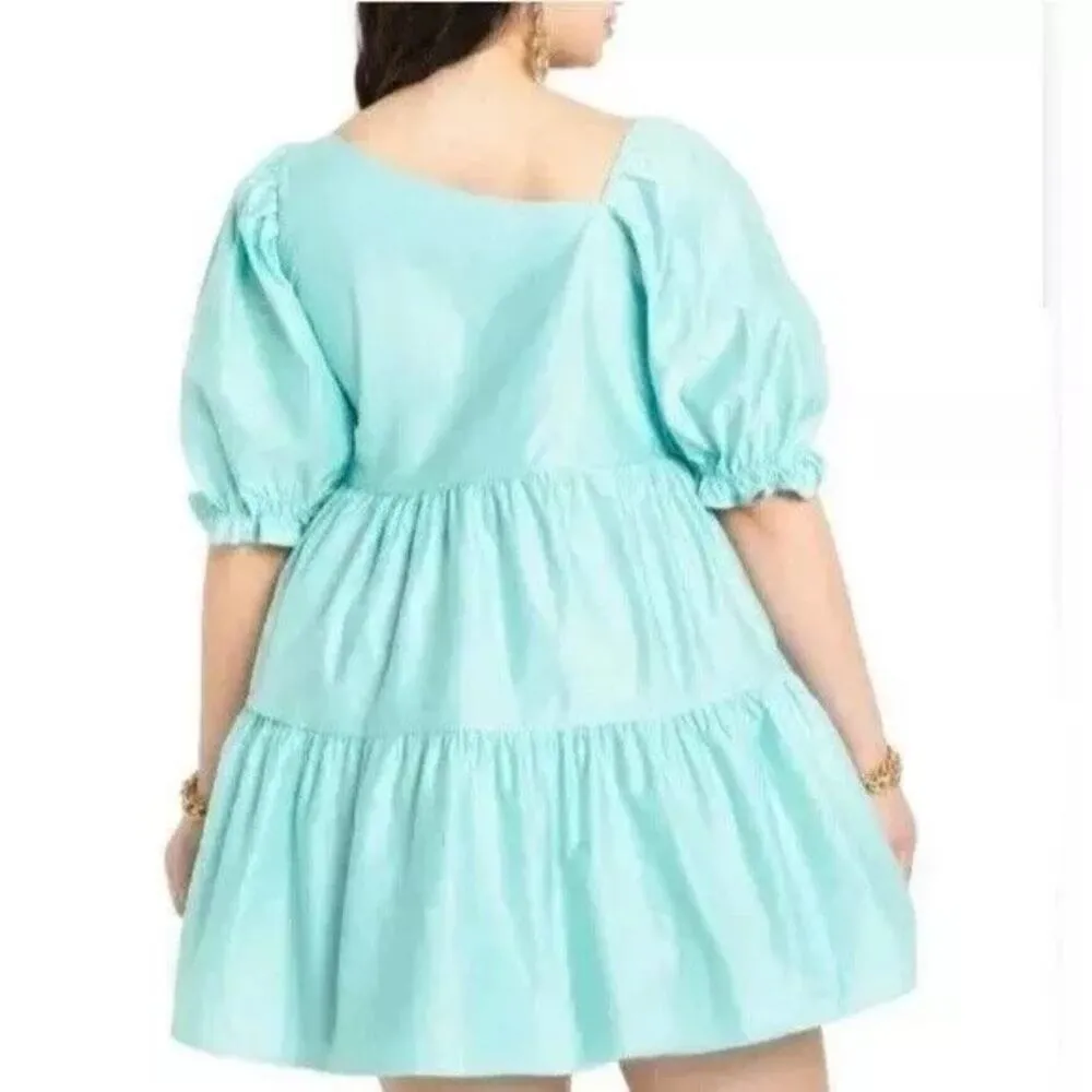 Eloquii Teal Puff Sleeve Asymmetrical Neckline Tiered Trapeze Mini Dress Sz.24W - Image 3