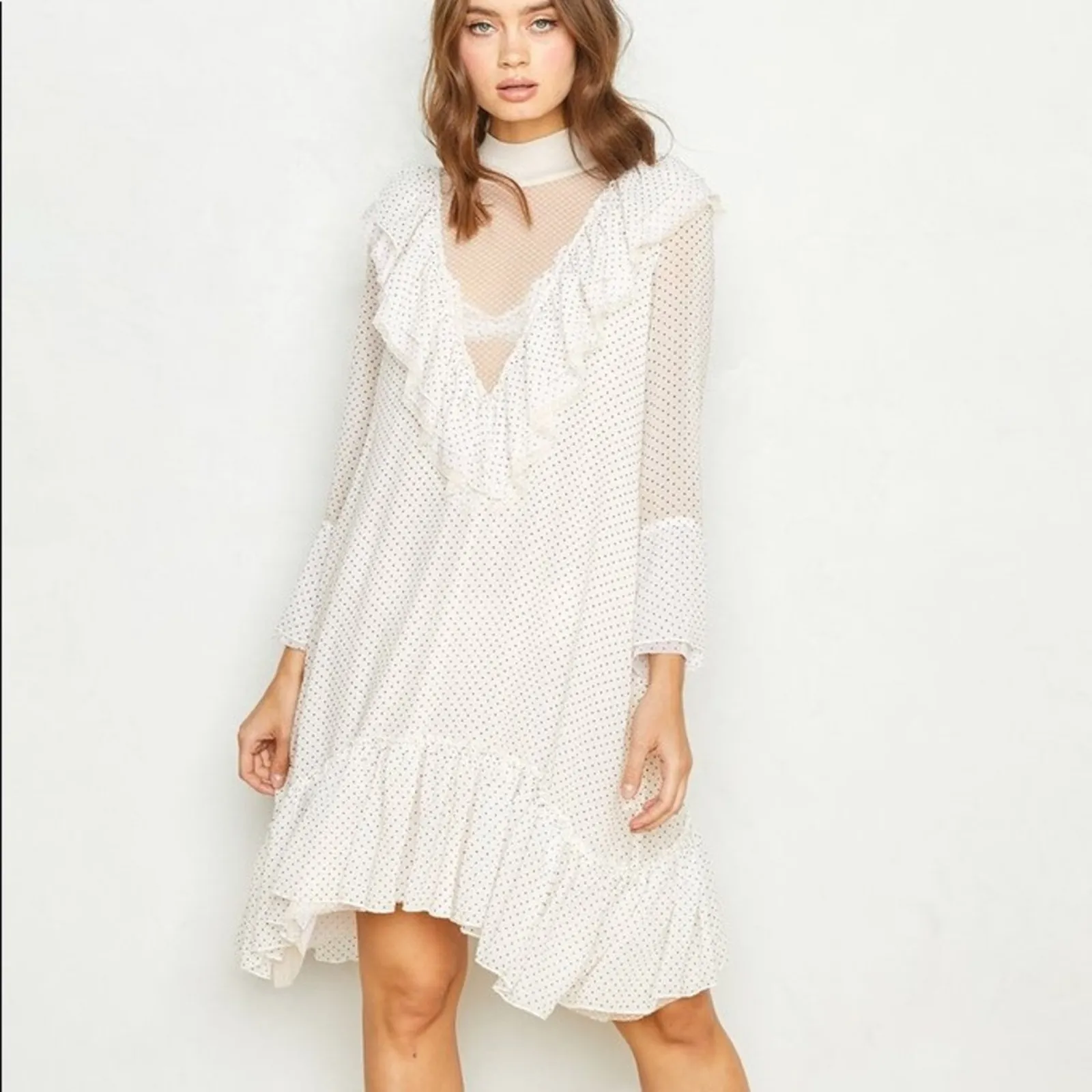 NWT We are HAH Polka Dot Lace Ruffle Swing Mini Dress Small Fairy Coquette Chic Black - Image 3