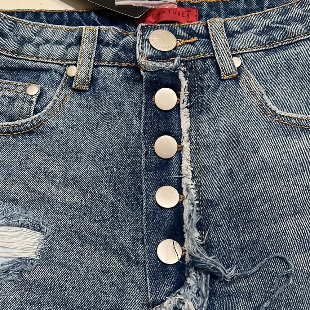 Signature 8 Denim Shorts Distressed Frayed Tattered Button Fly 3" Inseam Small Blue - Image 6