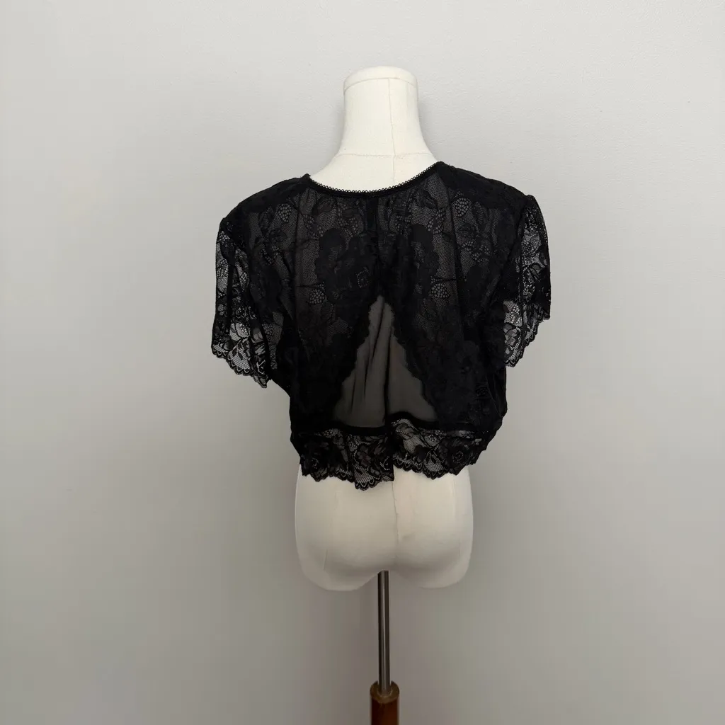 Torrid Crop Top Floral Lace Short Sleeve Lingerie Sexy Layering Cover Up Black - Image 7