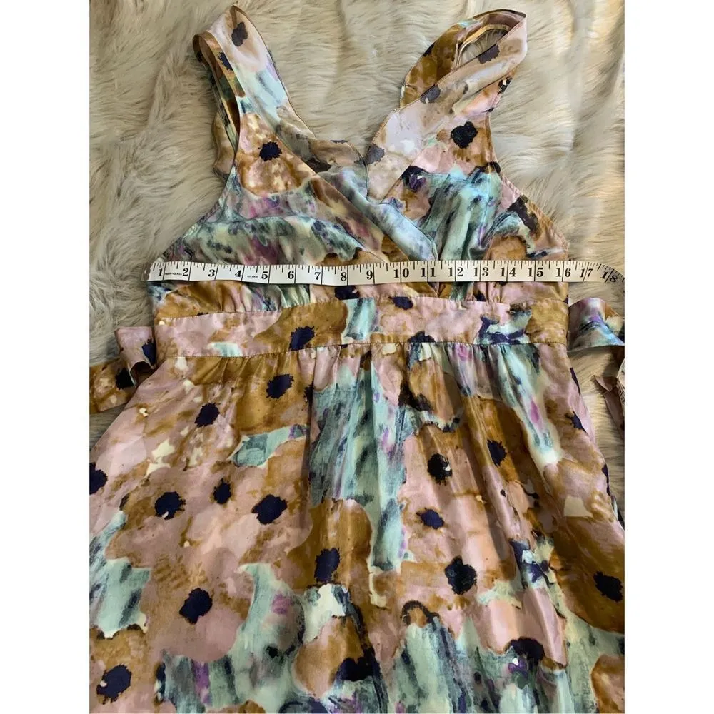 Galla Dress Silk Watercolor Wrapover Bodice Open Back Ruffled Tie Waist 8 - Image 13