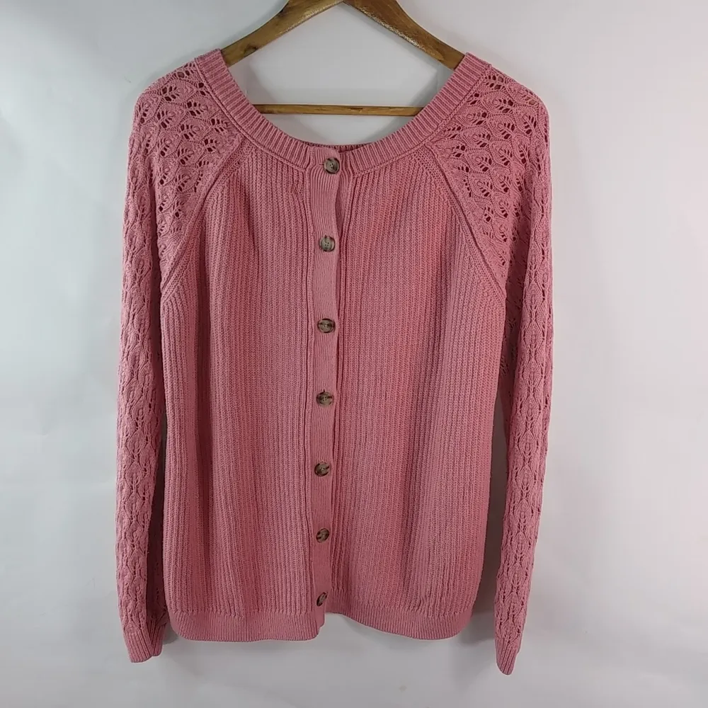 Loft LButton Back Pullover Raglan Textured Sleeve Sweater in Salmon Pink - Image 2