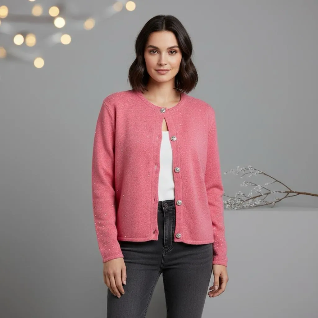 LOVETREND Coral Pink Sparkle Embellished Cardigan Rhinestones Romantic Sz XL - Image 2