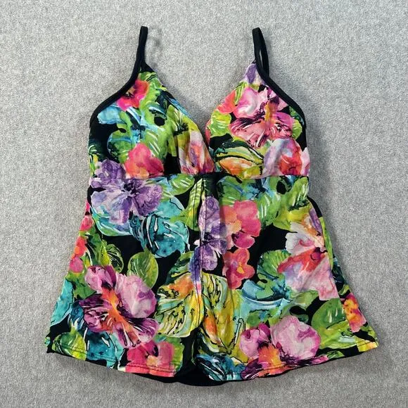 Caribbean Joe Floral Tankini Swim Top Women's 10 V-Neck Split Front Flattering - Image 1