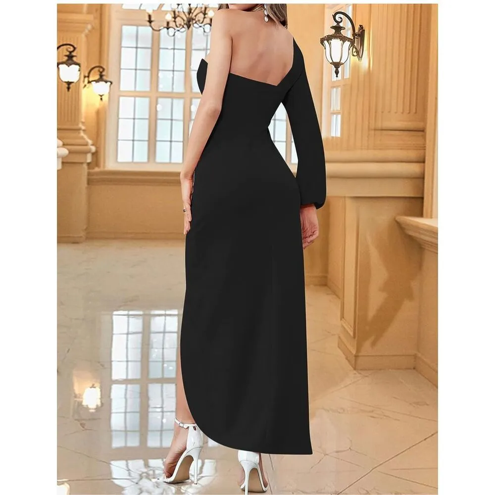 NEW ZESICA 1 Shoulder Cocktail Dress High Slit Ruched Bodycon L Black Size L - Image 4