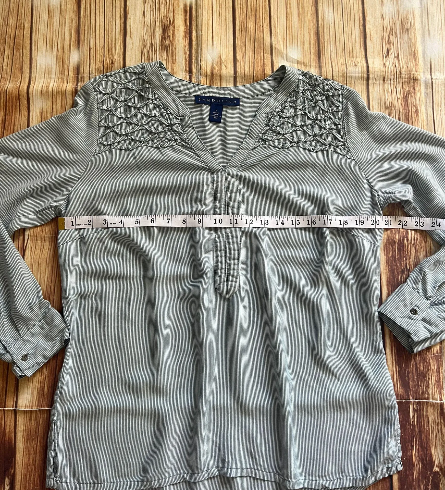 Women Long Sleeves V-Neck Beaded Tunic Blue White Striped Blouse Sz M - Image 7