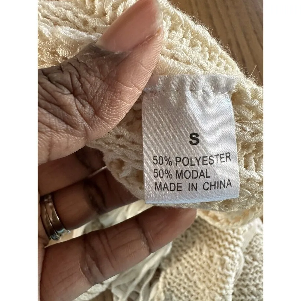 Jodifl Women's Crochet Open Front Cardigan Shawl Size Small lightweight fringe - Image 7