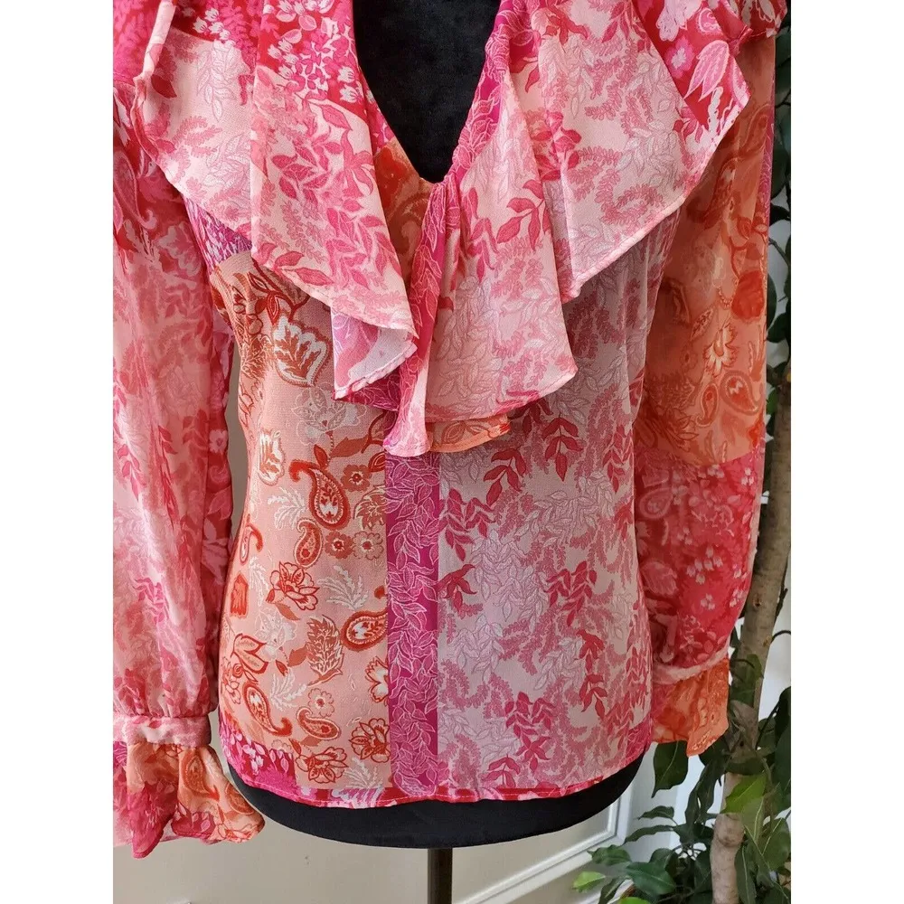 Zara Women's Pink Polyester V-Neck Long Sleeve Casual Top Blouse Size XS - Image 4