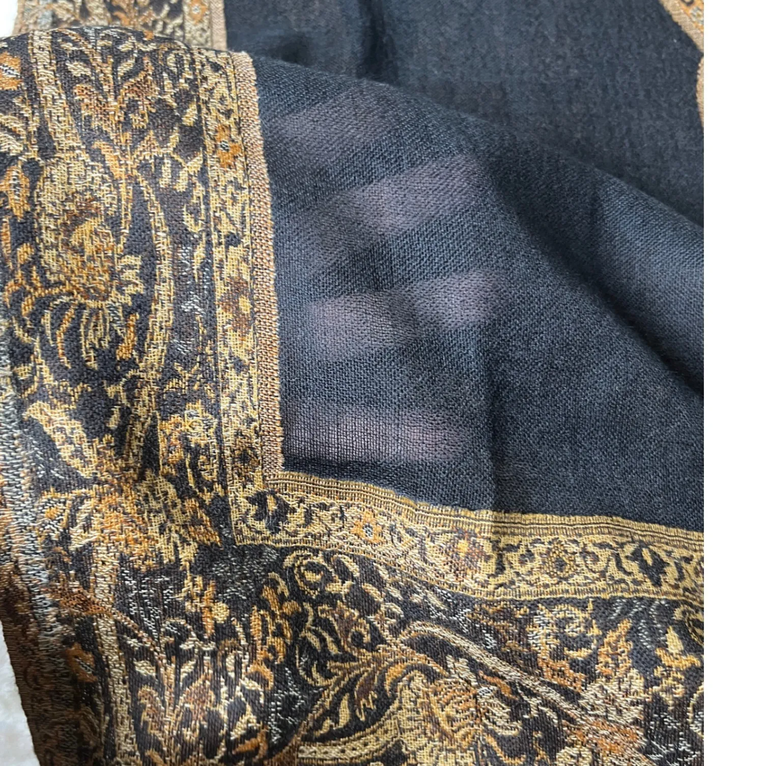 Boho Serpent Paisley Fringe Shawl Wrap Wool Blend Black Gold Soft Drape Womens - Image 5