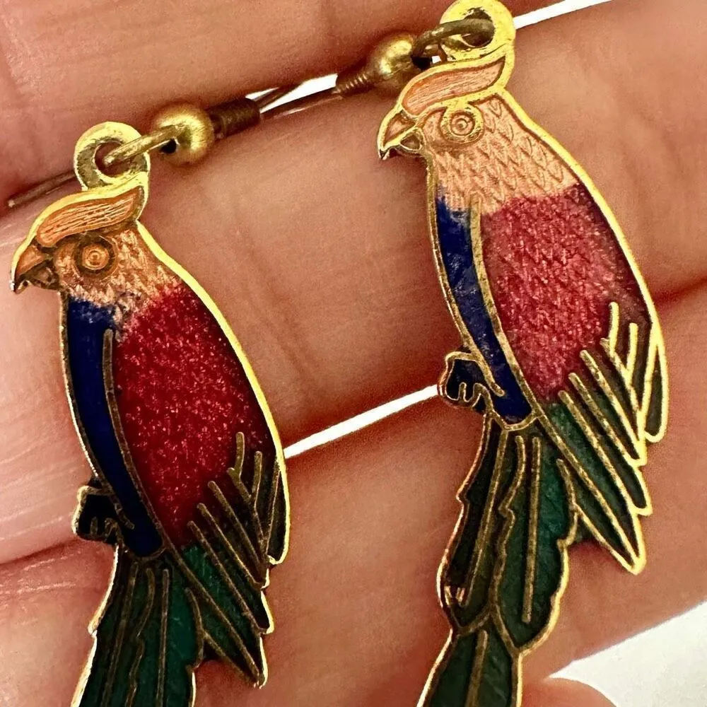 Vintage parrot cloisonné earrings Gold - Image 5