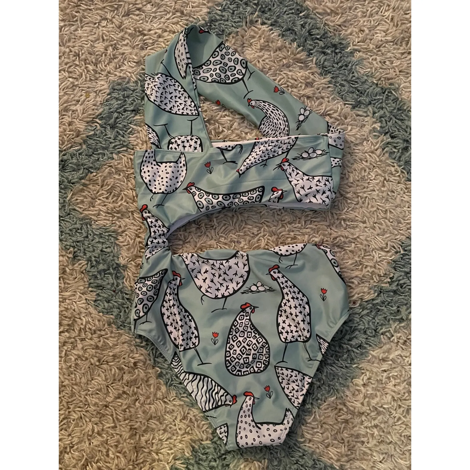Averie One Shoulder One Piece Swimsuit‎ M Chicken Print Cutout Green Size M - Image 3