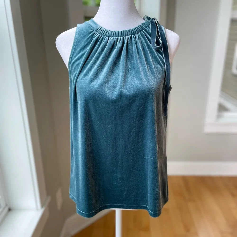 Ann Taylor Teal Blue Velvet Sleeveless Blouse with Ribbon Bow Detail XXS Petite - Image 9