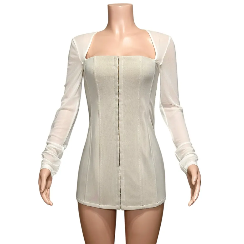 WITH JÉAN Al Long Sleeve Corset Mesh Mini Dress, White, Medium - Image 4