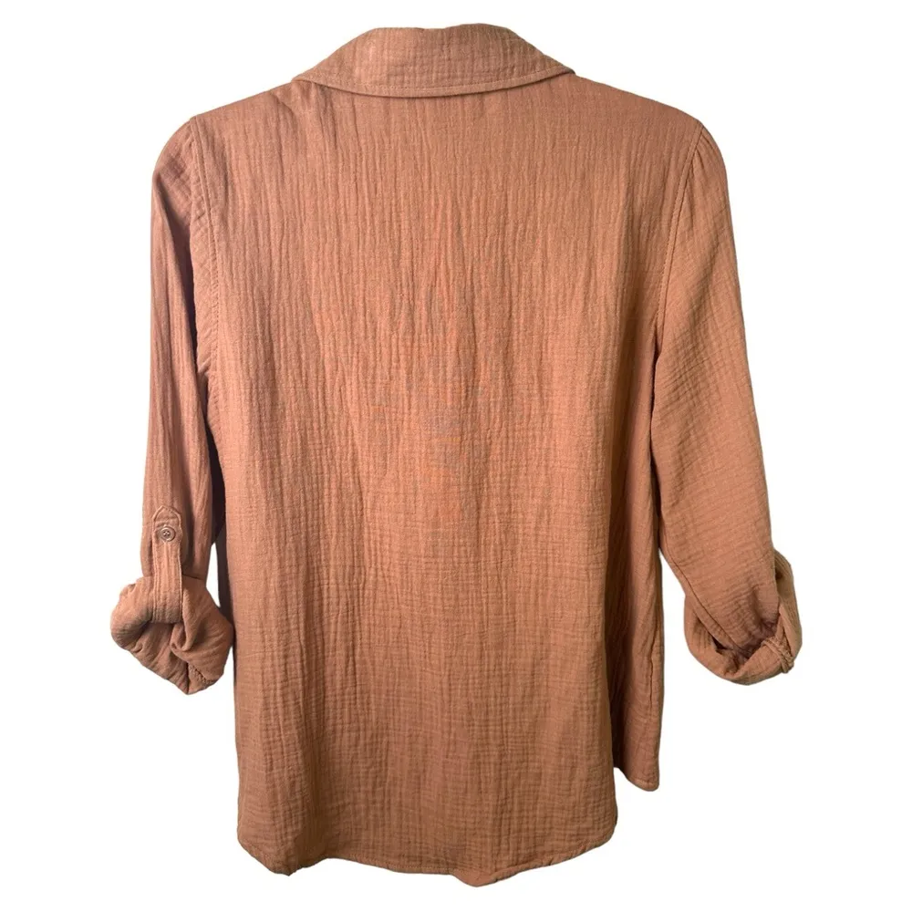 Olive And Oak Top Womens Small Roll Tab Sleeve Shirt Blouse Brown Button Down - Image 3