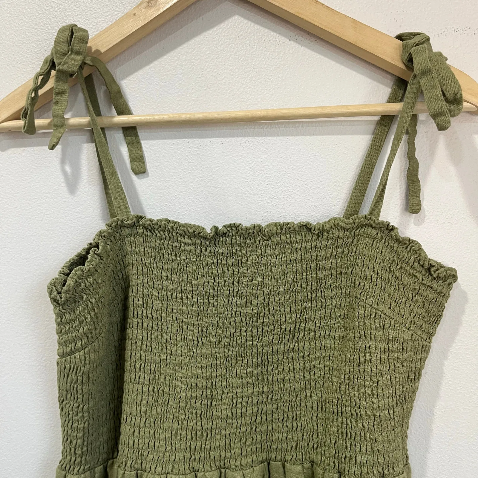 GAP Smocked Linen Blend Midi Dress Olive Moss Cottagecore Summer Sz Large - Image 6