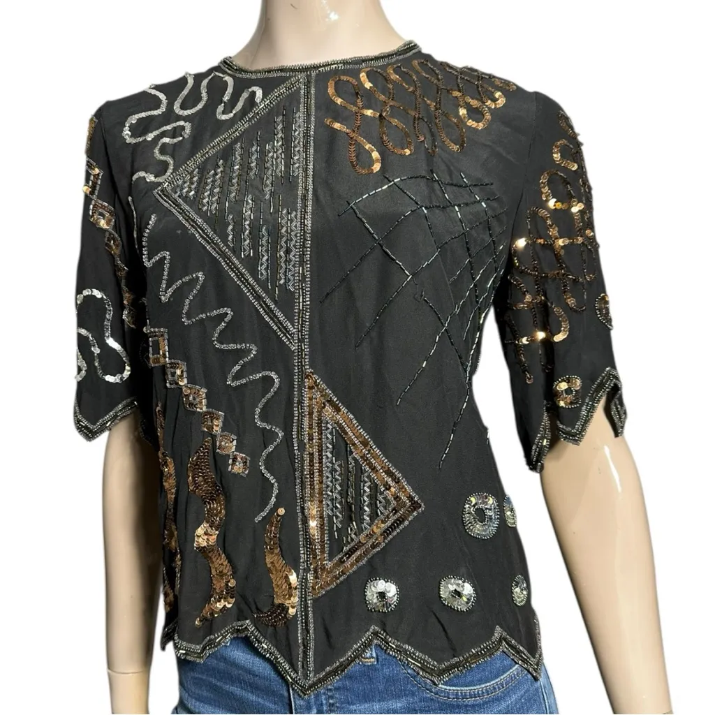 Argenti Vintage Women’s M Black Silk Multi Color Beaded Sequin Party Evening Top Size M - Image 3