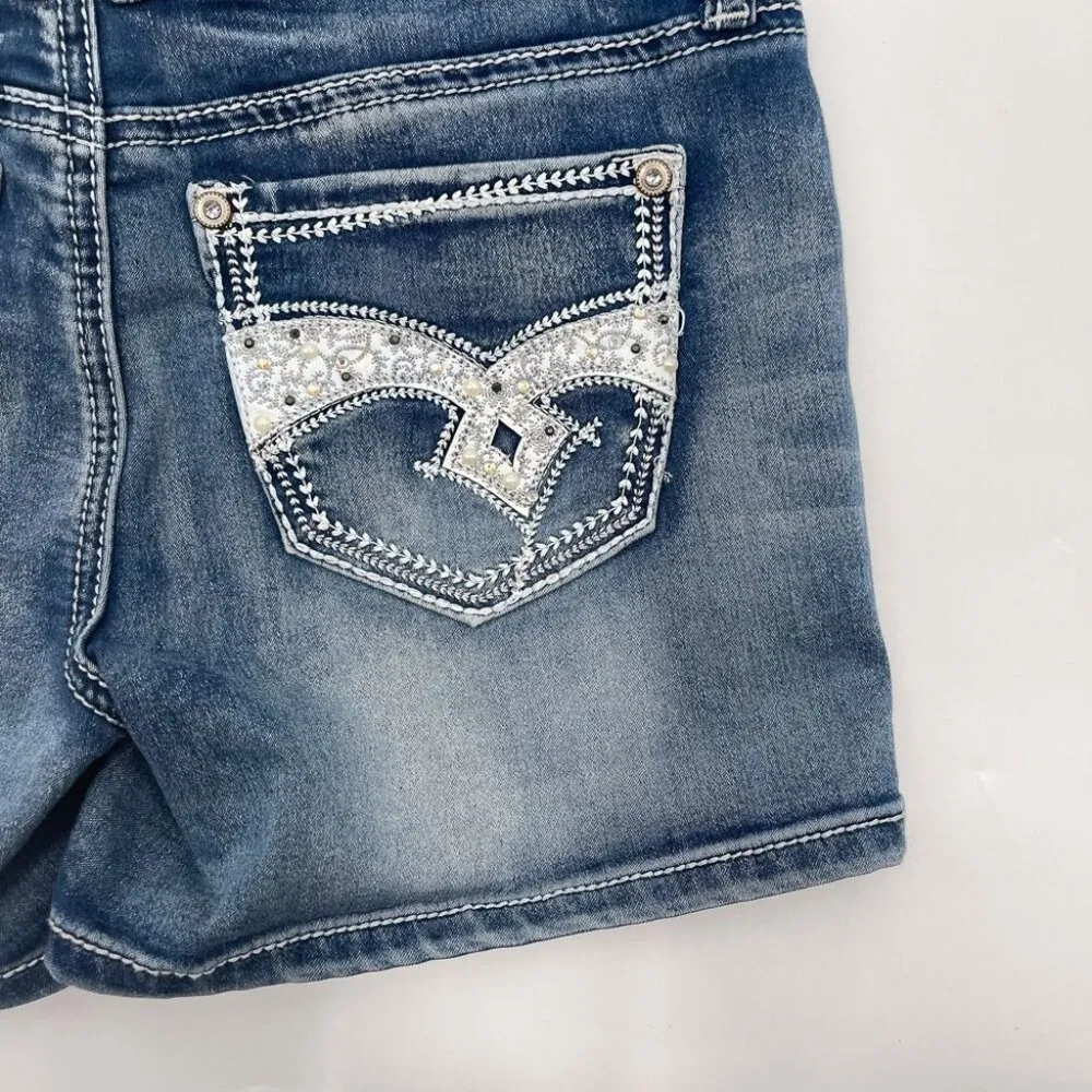 Y2K 2000s Hydraulic Bailey Low Rise Denim Jean Shorts Rhinestones Medium Wash - Image 5