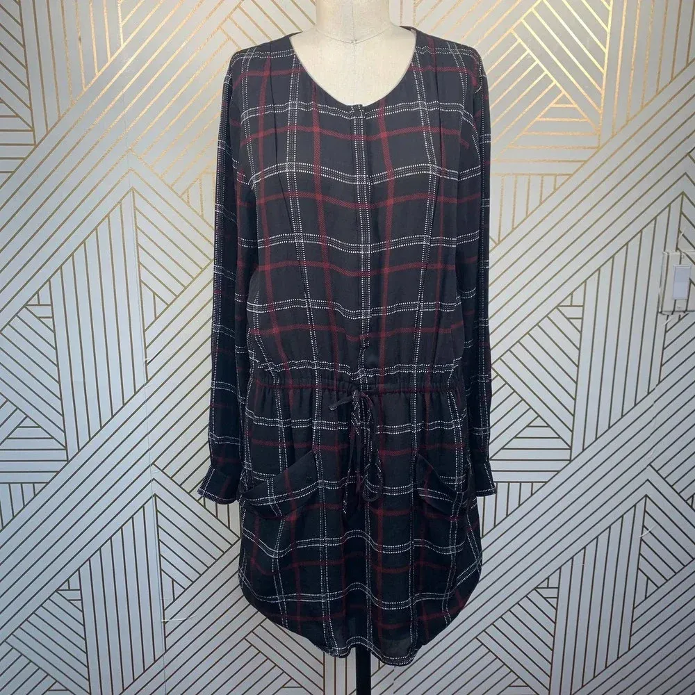 ALC A.L.C. Simona Shirt Dress Long Sleeve Check Plaid Silk Black Red Size 10‎ - Image 3