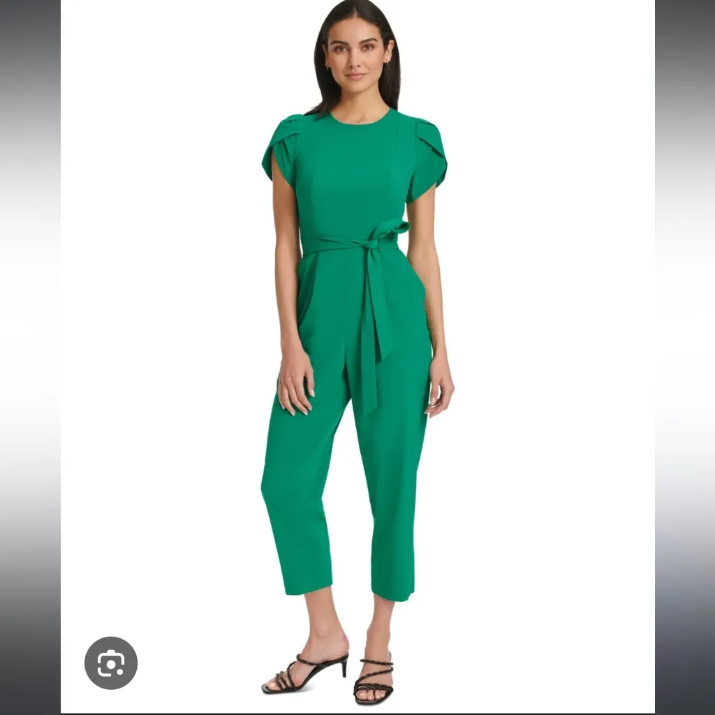 Calvin Klein Short Tulip Sleeve Tie‎ Waist Cropped Jumpsuit in Teal Blue Green - Image 12