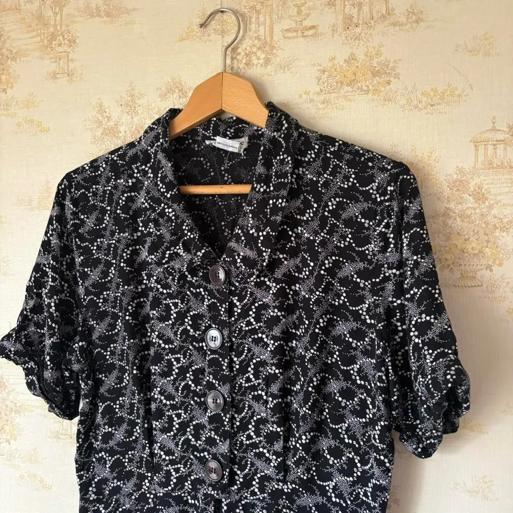 Vintage 80s 90s black white boho print short sleeve wide leg whimsigoth jumpsuit Size L - Image 2