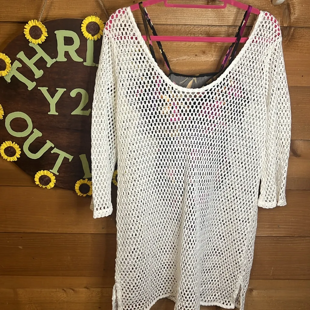 Kona Sol Cotton Mesh Bathing Suit Coverup Flare Sleeve Dress Off Shoulder Beachy - Image 6