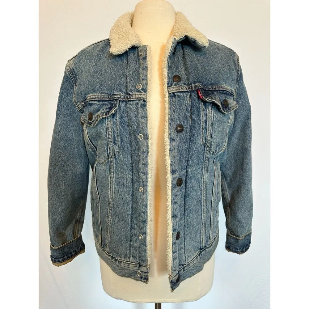 Levis Fleece Light Wash Lined Denim Jacket Size Small - Image 2