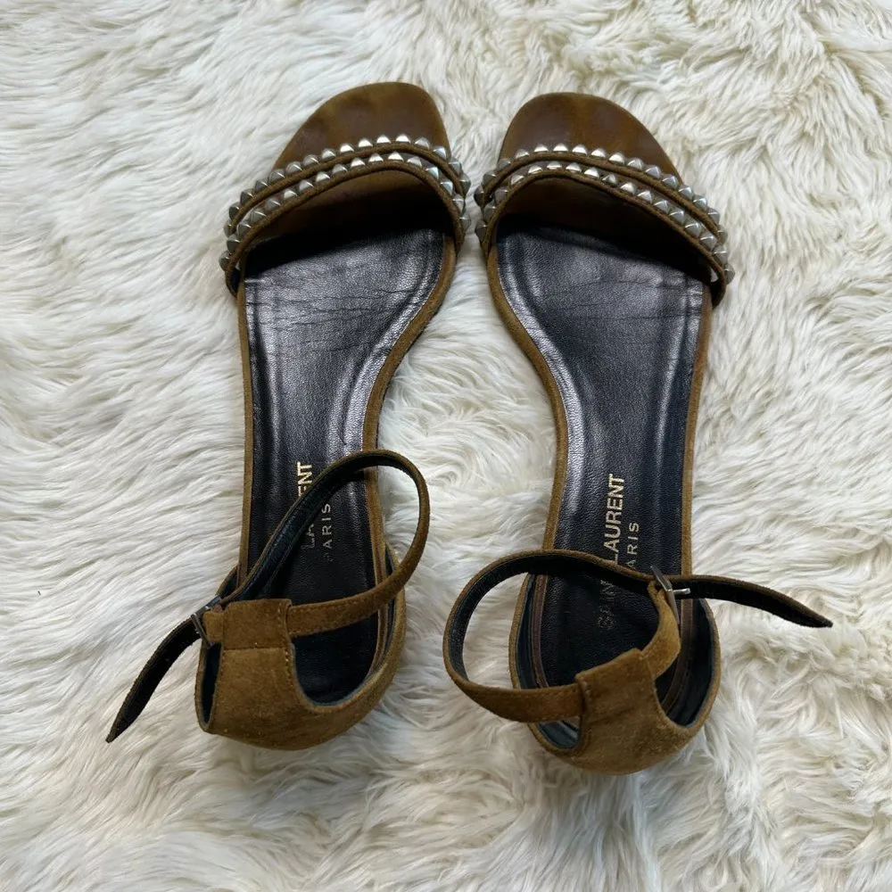Saint Laurent Tan Studded Suede Ankle-Strap Flat Sandal Women's 38.5 - Image 5