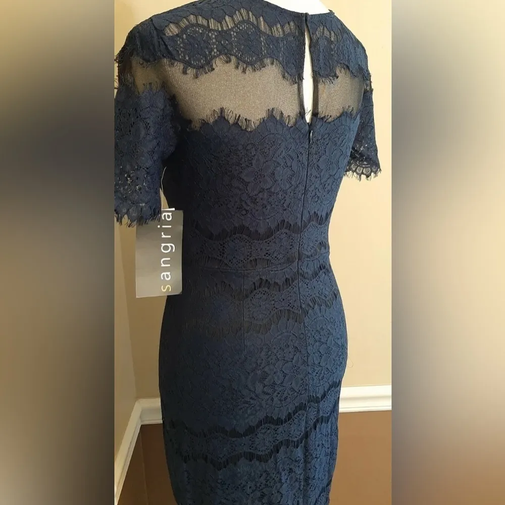 Navy Blue Lace Short Sleeve Black Mesh Modcloth Dress by - Image 5