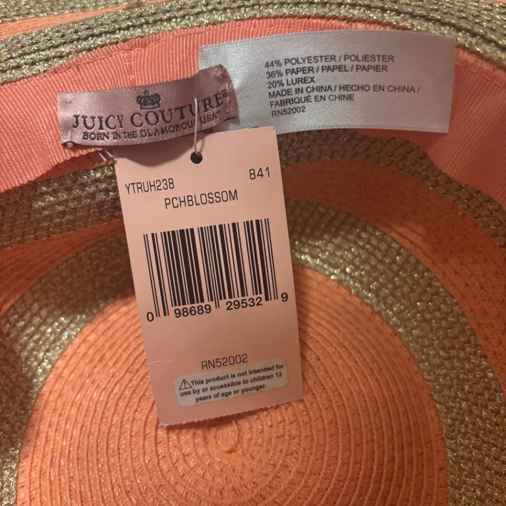 Juicy Couture Coral Striped Straw Sunhat NWT Women’s Summer Beach Hat One Size - Image 4