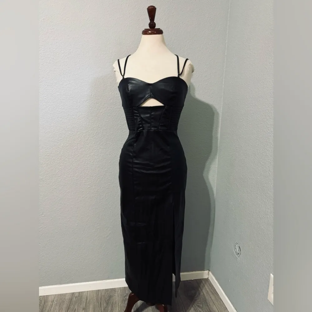 Zara Bloggers Fav Topstitched Faux Leather Midi Slit Christmas CutOut Dress Sz M - Image 8