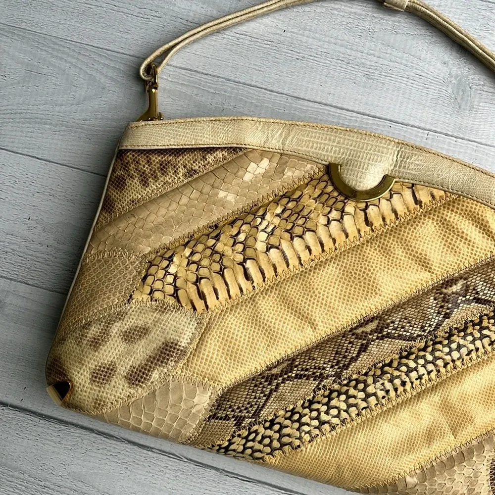 Vintage 80s Bag By Supreme Beige Snakeskin Print Handbag - Image 2