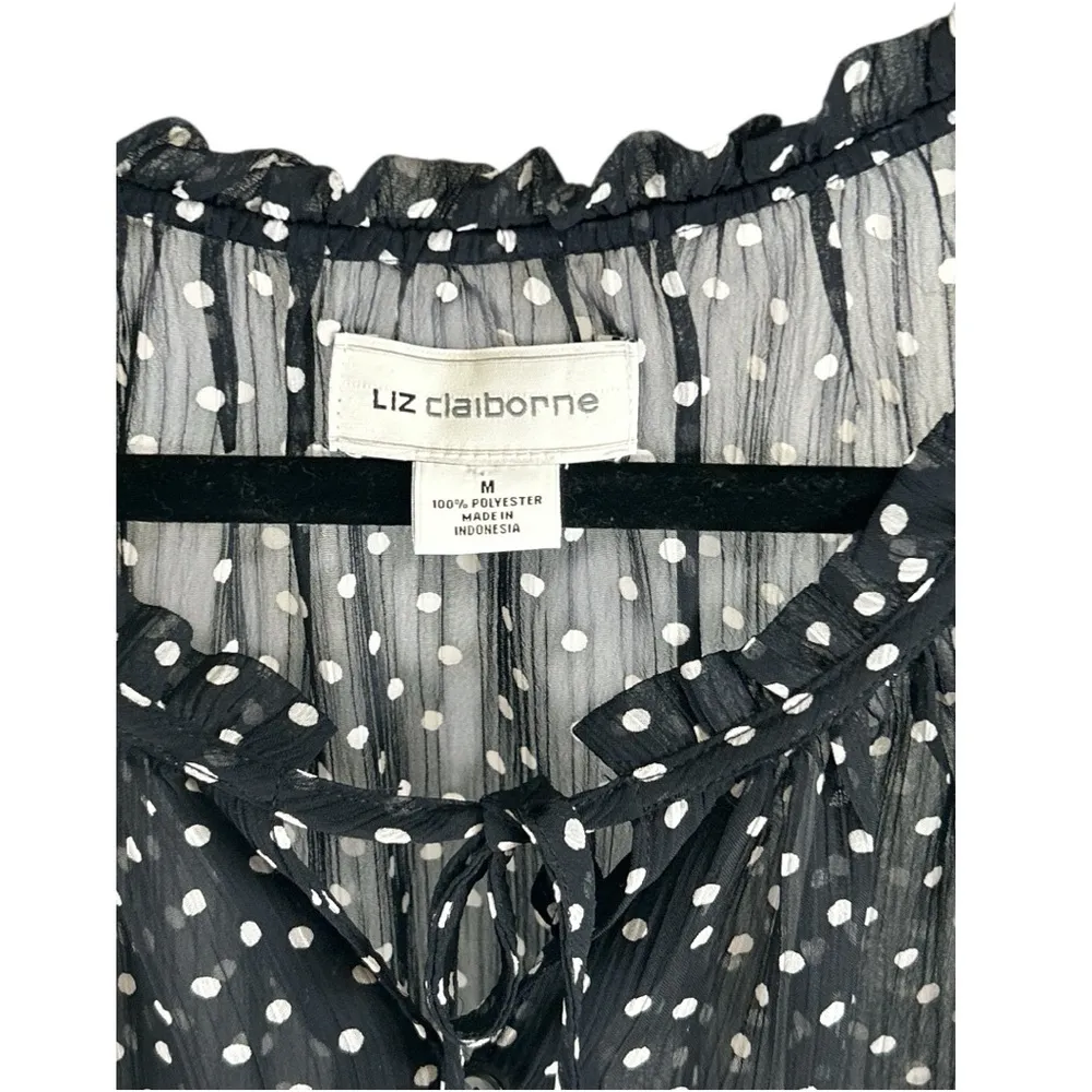 Liz Claiborne Sheer Black Polka-Dot Button down w/Ruffles Vneck Sleeveless MED - Image 3