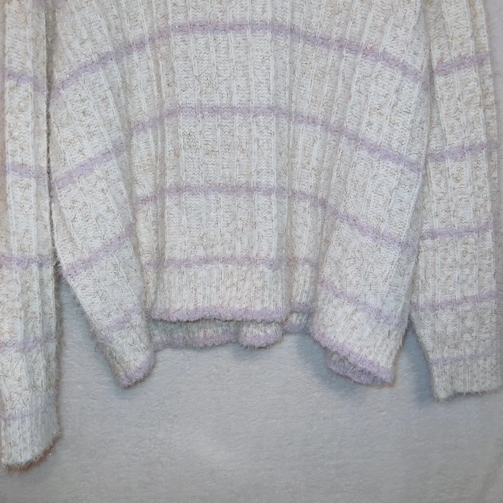 Ophelia Roe Fuzzy Eyelash Knit Cream Purple Glitter Stripe Mock Neck Sweater 1X - Image 5