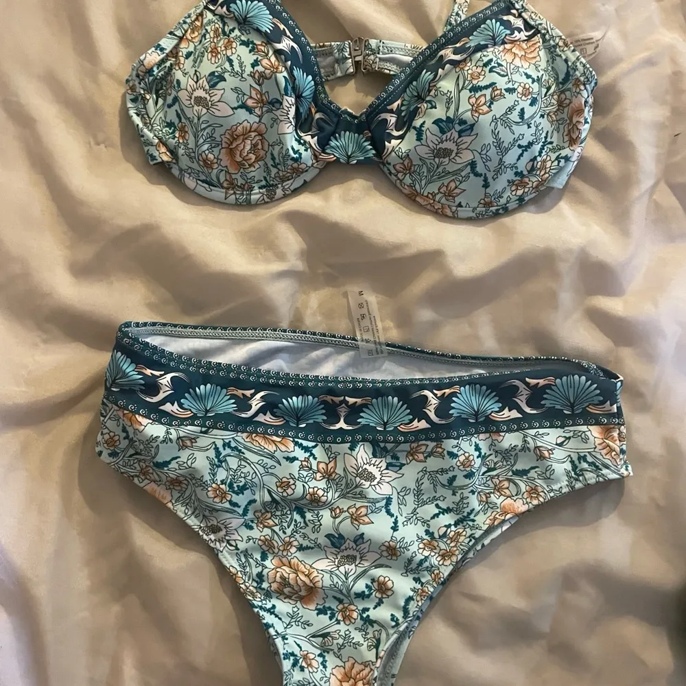 Two Piece Blue Floral Print High Waist Bikini Size Medium - Image 2