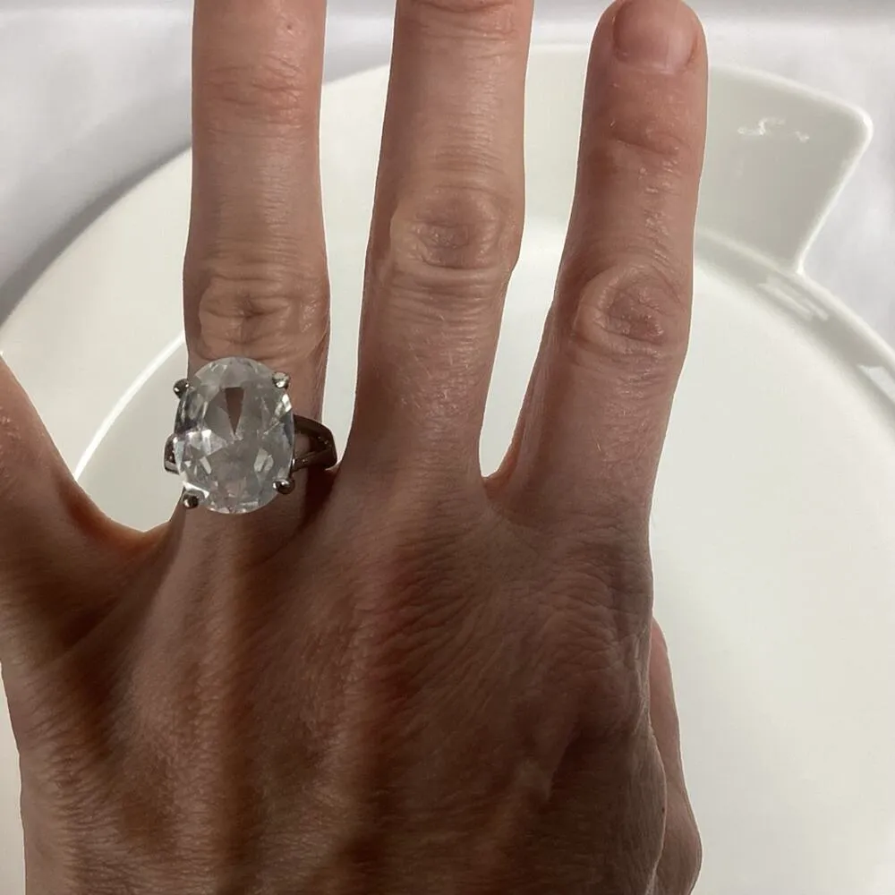 Oval Crystal Solitaire Ring Silver - Image 7