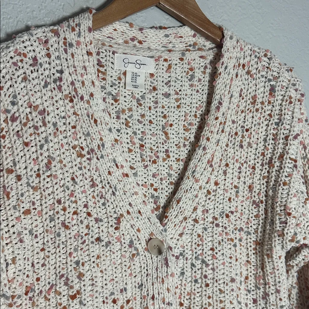 NEW Cream Pink Confetti Popcorn Cardigan Sweater Chunky Oversized Speckled XS - Image 2