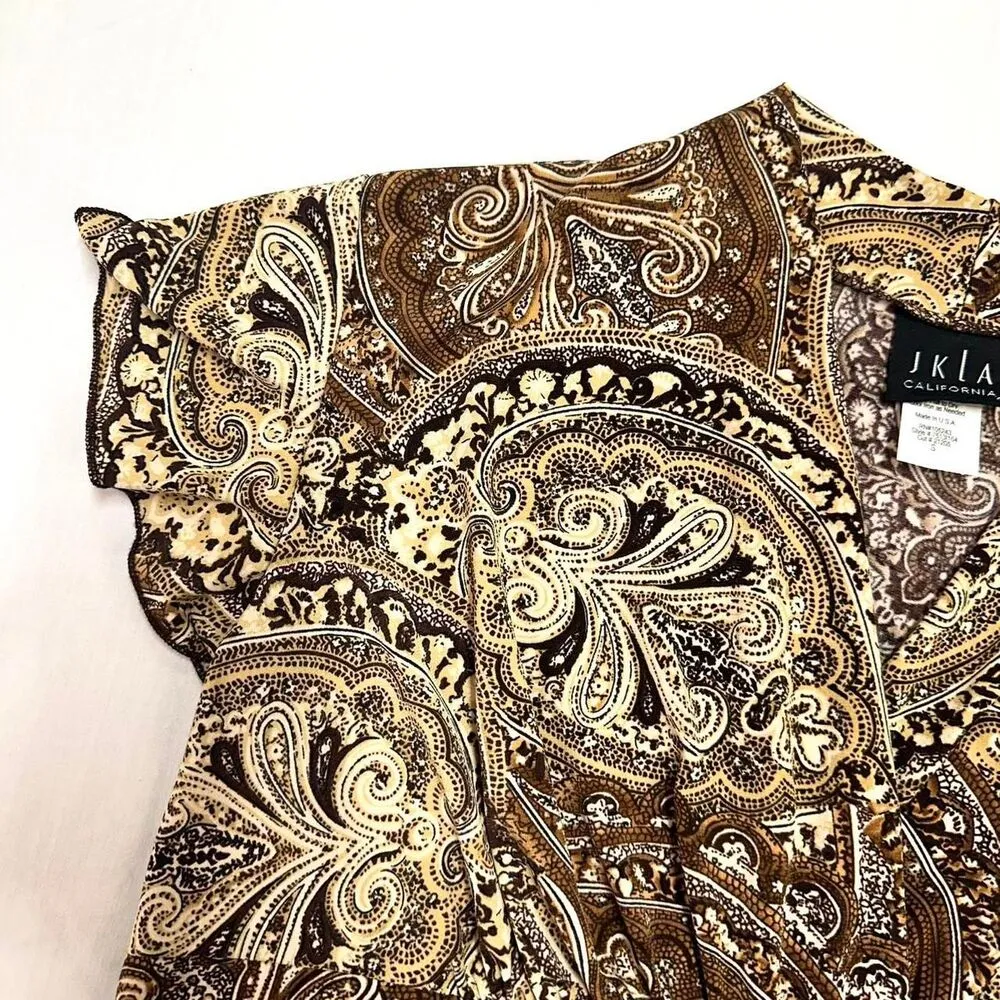 VTG 90s JKLA California Brown Paisley V Neck Top Sz S Boho Hippie Cottage Fairy - Image 2