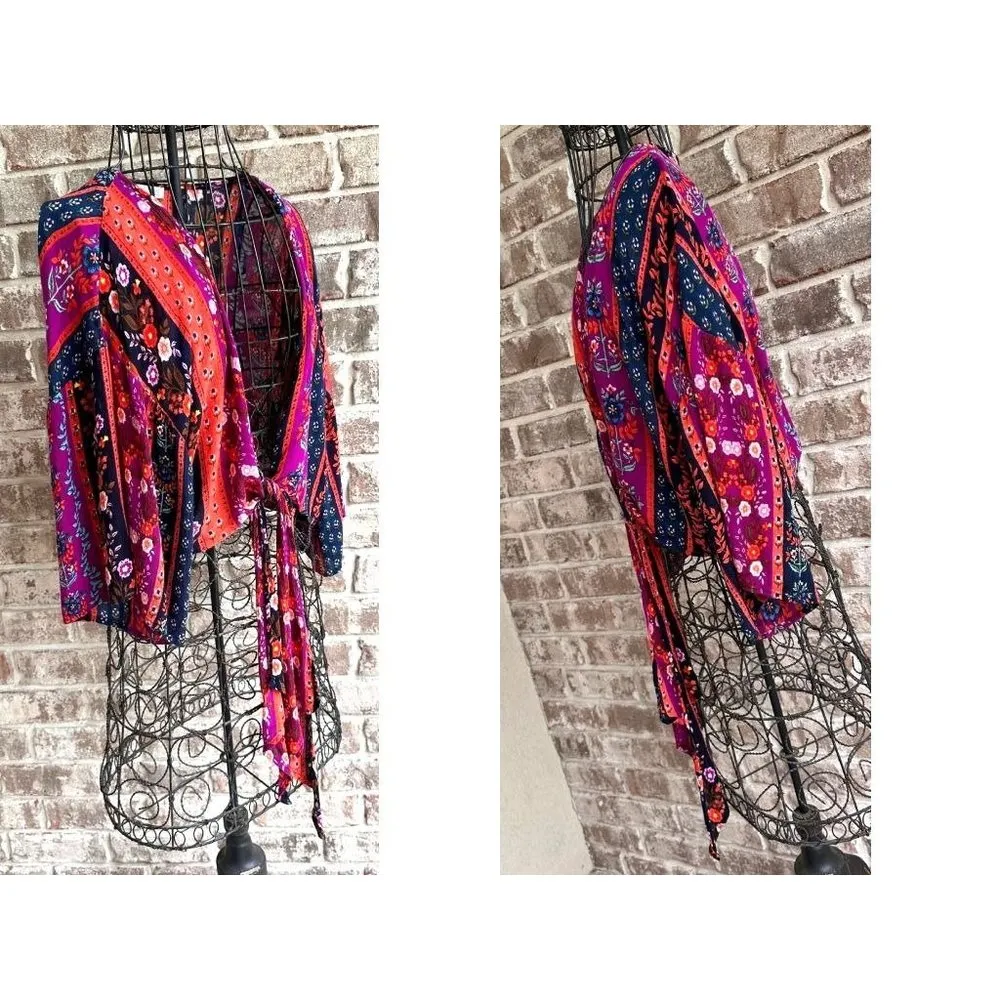 Patrons Of Peace Cropped Kimono Top Small  FLoral Front Ties Flare Sleev… - Image 11
