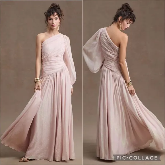 Anthropologie BHLDN Jade Metallic One-Shoulder Asymmetrical-Waist Gown Baby Pink - Image 2