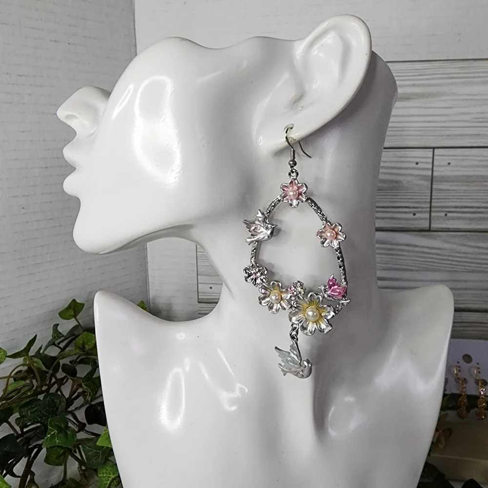 Statement Silver Drop Hoop Earrings with Flowers Doves Faux Pearls - Image 6