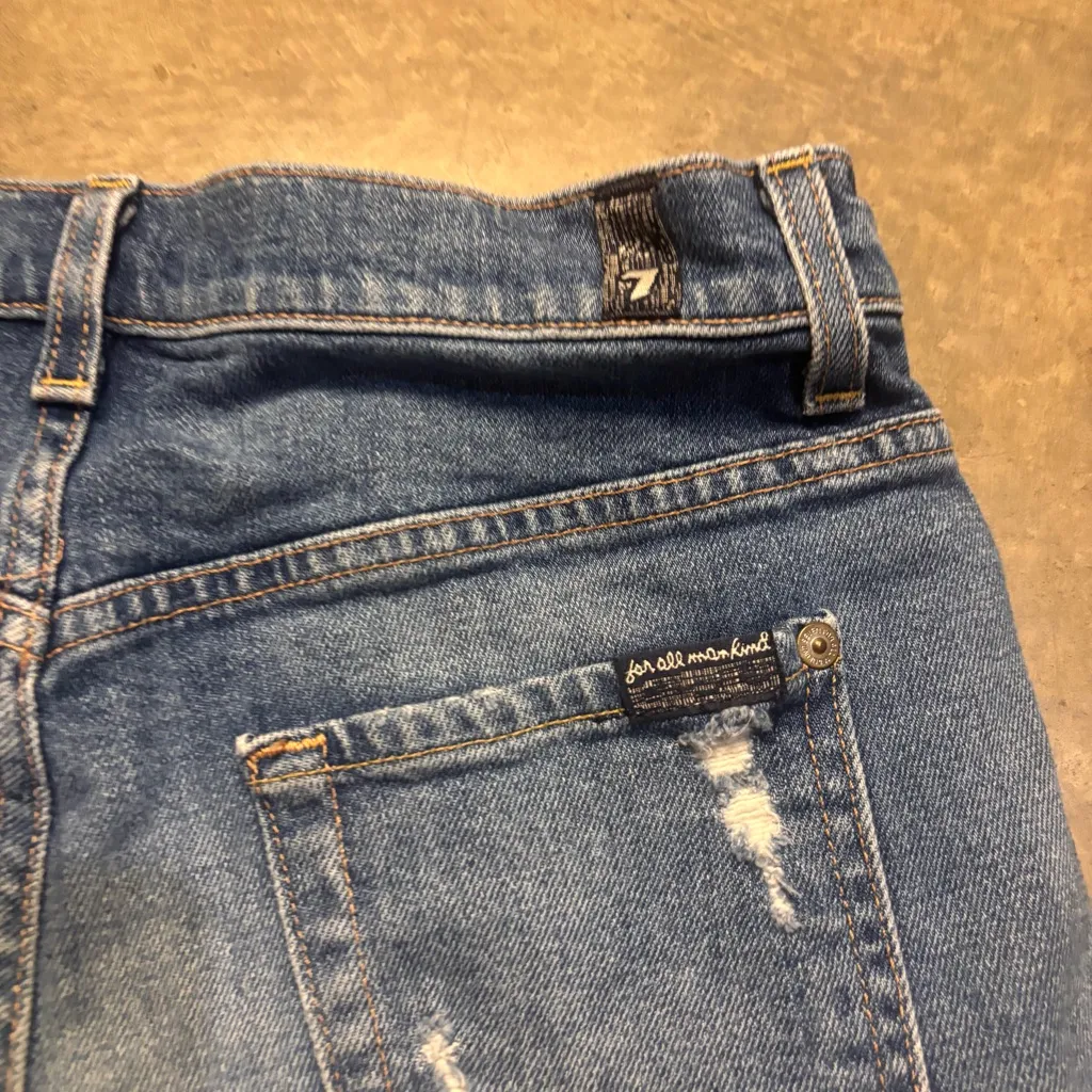 7 For All Mankind Distressed Jean Denim Shorts Fringe Button Fly Hi Rise Size 25 - Image 5