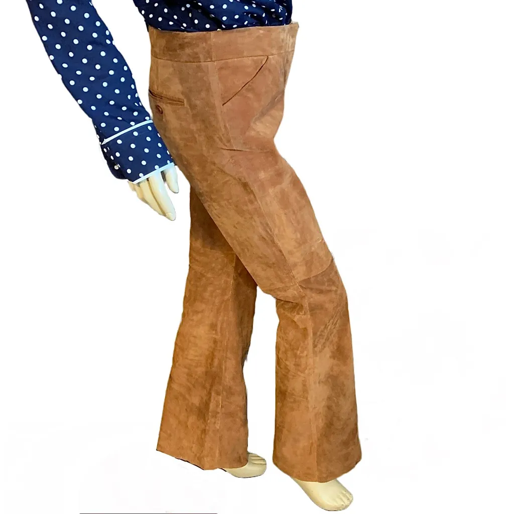 VINTAGE 1980'S TAN SUEDE FLARE LEG PANTS (S) - Image 3